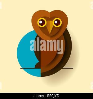 Owl Or Eagle-owl Bird Vector Isolated Icon. Wild Forest Feathered Nocturnal Predatory Bird Of Prey Sitting On Branch. Wildlife Fauna And Zoology Symbo Stock Vector