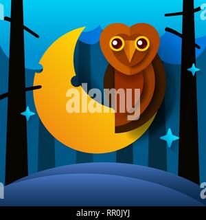 Nature Wild Forest. Owl Sitting On The Moon Vector Illustration. Stock Vector