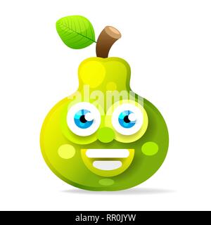 Illustration Of Green Juicy Stylized Pear With Leaf. Icon For Food Apps Isolated On A White Background Stock Vector