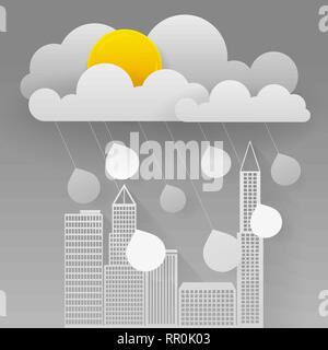 Illustration Of Cloud And Rain On Dark Background. Heavy Rain, Rainy Season, Paper Cut And Craft Style. Vector, Illustration. Stock Vector