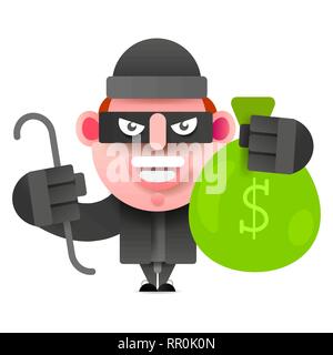 Thief With A Bag Of Money Running From Prosecution. Vector Illustration On White Background. Stock Vector