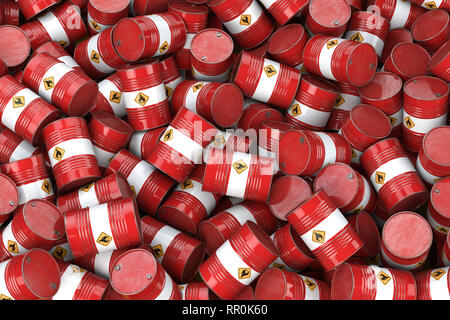 Red oil barrels. Oil and gas industry, storage, manufacturing. Chemical pollution and oil industry waste concept. 3d illustration Stock Photo