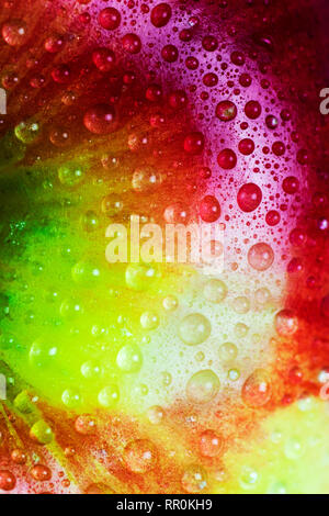 Water droplets on macro view of rainbow colored apple Stock Photo