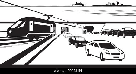 Freight train carries cars in underwater tunnel - vector illustration Stock Vector