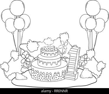 beautiful landscape with party cake and balloons helium Stock Vector