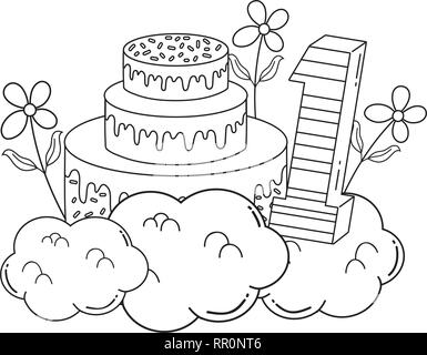 party cake with flowers and and candle number one Stock Vector