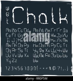 Wet chalk cyrillic and latin alphabet. Set of uppercase, lowercase letters, numbers and special symbols. Perfect for bar, cafe, poster, banner and oth Stock Vector