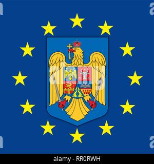 Romania coat of arms on the European Union flag, vector illustration Stock Vector