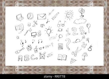 Back to school welcome set. design concept education supplies icons on frame wooden with white background.  hand draw doodle illustration Stock Photo