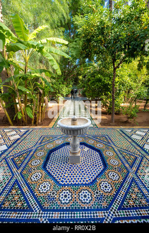 Inside interior of the beautiful ancient Bahia Palace, one of the main attractions of Marrakesh. Ceiling. Courtyard in MARRAKECH, MOROCCO Stock Photo