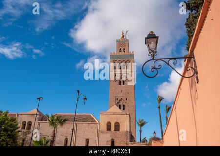 View to The Koutoubia Mosque or Kutubiyya Mosque and minaret located at medina quarter of Marrakech , Morocco. The largest in Marrakesh Stock Photo