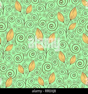 Abstract flowers seamless pattern, outline drawing, minimalistic illustration, vector background. Yellow closed flower buds, stalks and spiral curls l Stock Vector
