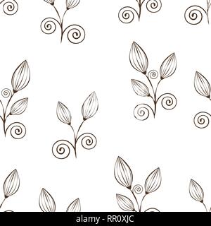 Abstract flowers seamless pattern, black and white outline hand drawing, linear illustration, vector monochrome background. Flower closed buds, stalks Stock Vector