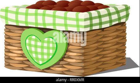 Stylish flower pot in the form of a wicker basket with soil isolated on white background. Vector cartoon close-up illustration. Stock Vector