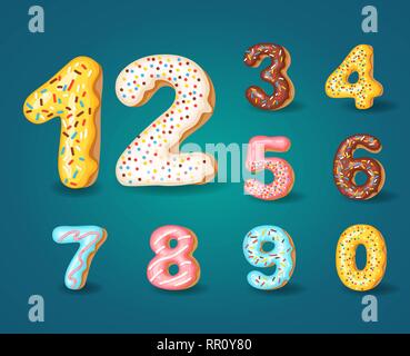 Font of donuts. Bakery sweet alphabet. Alphabet numbers Donut icing colors style 0,1,2,3,4,5,6,7,8,9 ,0. Vector illustration Stock Vector