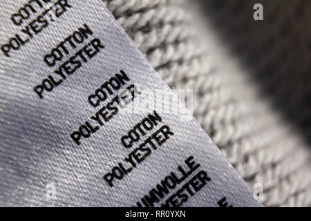 Cotton polyester label in lining  clothing showing fabric content Stock Photo
