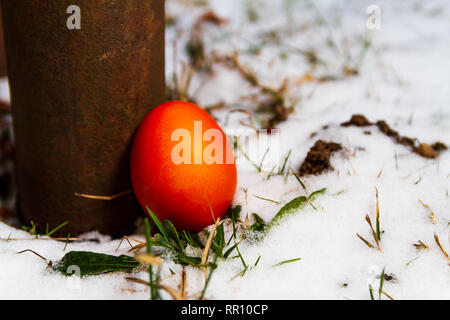 Red easter egg hidden next to a pipe Stock Photo