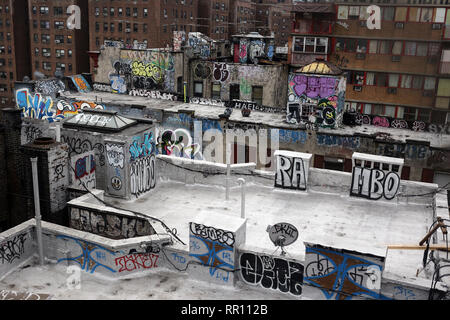 New York City, NY - March 07 2017: Chinatown roofs view seeing from the Manhattan bridge in Manhattan, New York Stock Photo