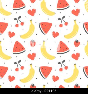 cute fresh summer fruits seamless vector pattern background illustration with bananas, cherries, strawberries and watermelon slice Stock Vector