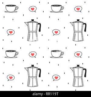 cute seamless vector pattern background illustration with italian moka coffee espresso and cups Stock Vector