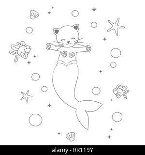 cute cartoon black and white mermaid cat under the sea vector funny illustration for coloring art Stock Vector
