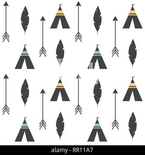 cute feathers, arrows and teepee ethnic tribal seamless vector pattern background illustration Stock Vector