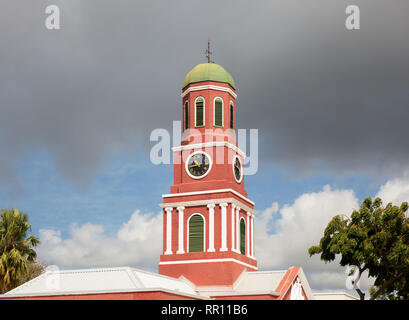 The clock tower on the main guardhouse at the Garrison Savannah in Barbados was built around 1803. Stock Photo