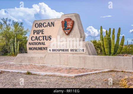 Entrance Sign for Organ Pipe Cactus National Monument and Biosphere Reserve near Lukeville, South Central Arizona Stock Photo