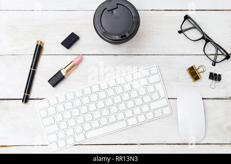 styled feminine desktop. black and white flat lay Stock Photo