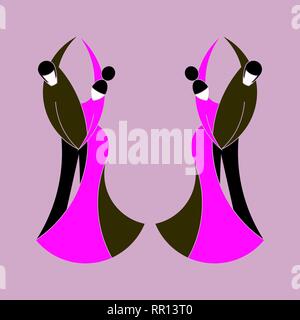 Two couples dancing classical dance. Silhouettes of dancing men with women. Stylized dancing couples in full growth on a lilac background. Overall pla Stock Vector