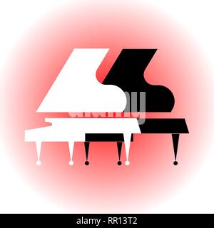 Musical instruments. Symbol of classical music on a light red background. Composition with silhouettes of two grand pianos. Stylized black and white g Stock Vector