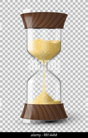 Realistic hourglass clock made of glass, wood and golden metal with yellow sand running down, on transparent background. Vector illustration. Stock Vector