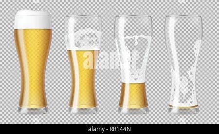 Tall realistic glasses with lager beer and foam, with different amounts, showing a drinking sequence. Transparent vector illustration. Stock Vector