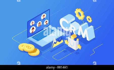 Isometric customer relationship management concept background. Company interaction approach. Stock Vector