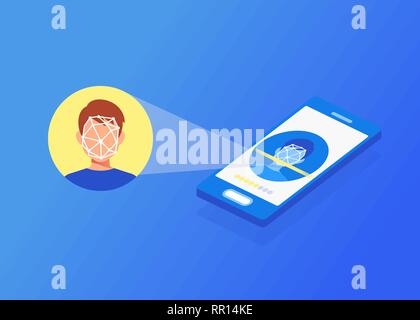 Face id Face identification of young man. Stock Vector