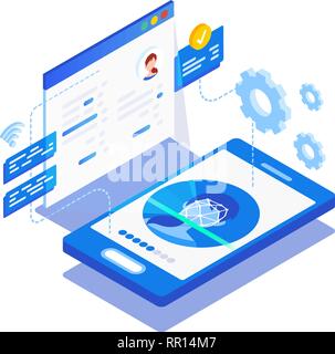 Face recognition, woman looks into the phone camera, biometric technology, identification Stock Vector