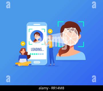Id verification smartphone scanner. Personal identify, Face recognition technology concept. Stock Vector