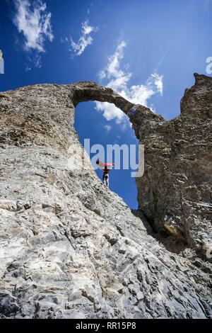 Powerful woman at Aguille Percee. Tignes, France. Stock Photo