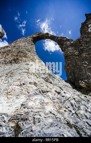 Powerful woman at Aguille Percee. Tignes, France. Stock Photo