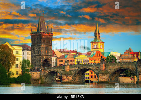 Scenic view on Vltava river and historical center of Prague,buildings and landmarks of old town, Prague, Czech Republic Stock Photo
