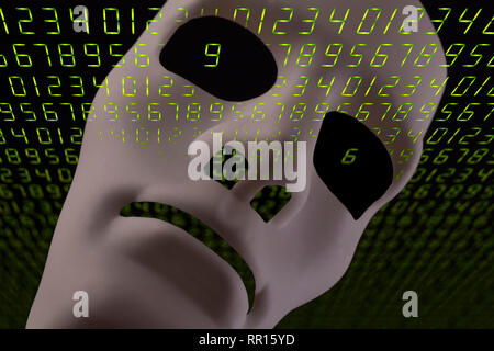 Artificial intelligence concept with robotic face mask and digital LED green numbers background. Stock Photo