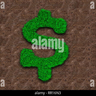 Green grass in dollar sign shape on dry red soil background, ECO and circular economy concept. Stock Photo