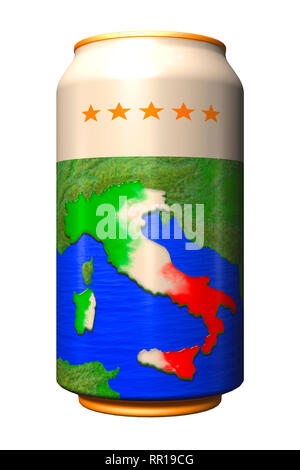 3D can with national flag of Italy in the form of relief country map isolated on white Stock Photo