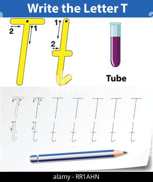 Letter T tracing alphabet worksheets illustration Stock Vector