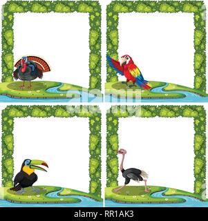 Set of bird on nature frame illustration Stock Vector