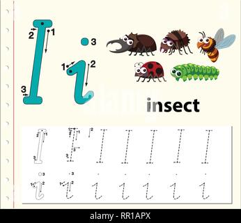 Letter I tracing alphabet worksheet illustration Stock Vector