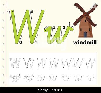 Letter W tracing alphabet worksheets illustration Stock Vector