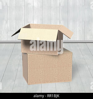 Stack of cardboard boxes, on wooden wall and floor indoors background. Stock Photo