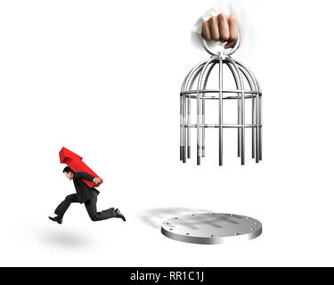 Hand opening the cage and man carrying red arrow up symbol running, isolated on white background. Stock Photo