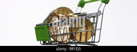 Basket from supermarket with coins crypto currency